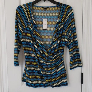 Premise Crossover 3/4 Sleeve Blouse Women XL Blue Green Black Retro Pattern